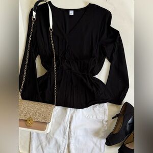 Black Peplum Blouse EUC 100% Rayon Tie Waist Wrap Long Sleeve Old Navy